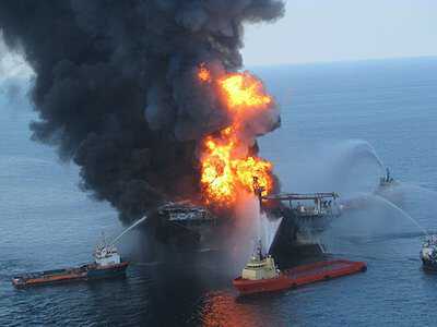Deepwater Horizon oil rig in flames, Courtesy: U.S. Coast Guard Triangle Timeline 6 500.jpg