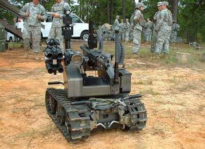The Modular Advanced Armed Robotic System (MAARS robot) can kill targets from nearly two miles away. U.S. Army. Tuxedo darpa maars.jpg