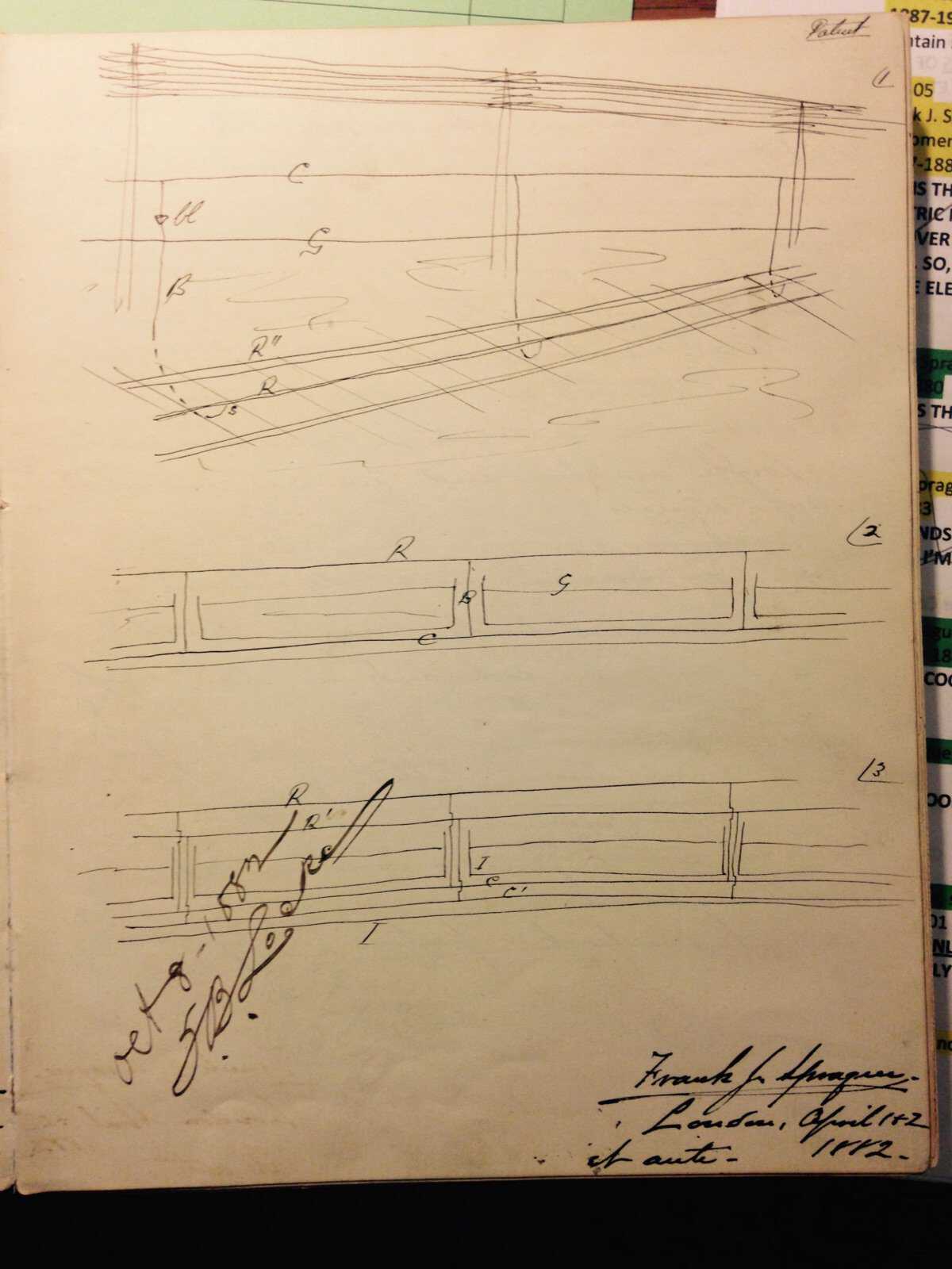 During his 1882 trip to London, Frank Sprague drew in his notebook several linear sketches of what could be electric poles and train tracks. Courtesy of John Sprague. FSprague_4.jpg