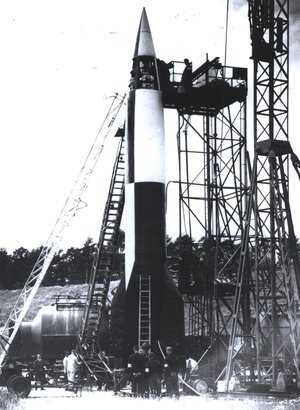 An A-4 (V-2) ballistic missile being prepared for launch in 1942/43. It was the technological accomplishment that made von Braun’s career, but also drew him into deeper complicity with Nazi crimes. Smithsonian National Air and Space Museum (NASM 77-14261) CTM-Von-Braun-Nazi-V-2-at-P.jpg