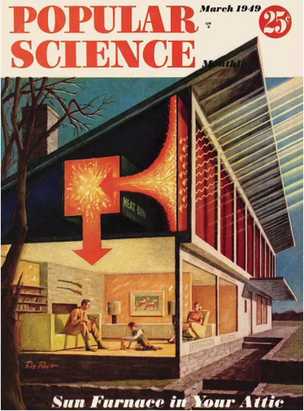 A bright, midcentury modern illustration of the Sun House showing it full of life on the interior.