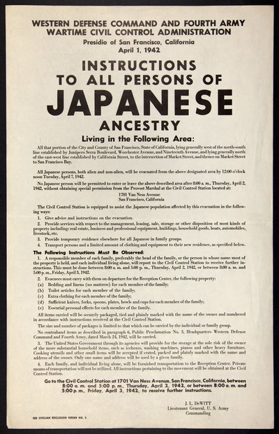 A flyer with the headline "Instructions for all persons of Japanese ancestry" in bold is followed by extensive evacuation orders.