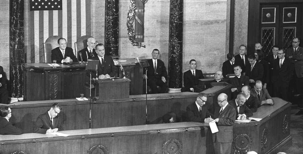 President Lyndon B. Johnson's Special Address to Congress on Voting Rights; U.S. Capitol, Washington, LBJ Library photo by Cecil Stoughton. LBJ-overcome.jpg