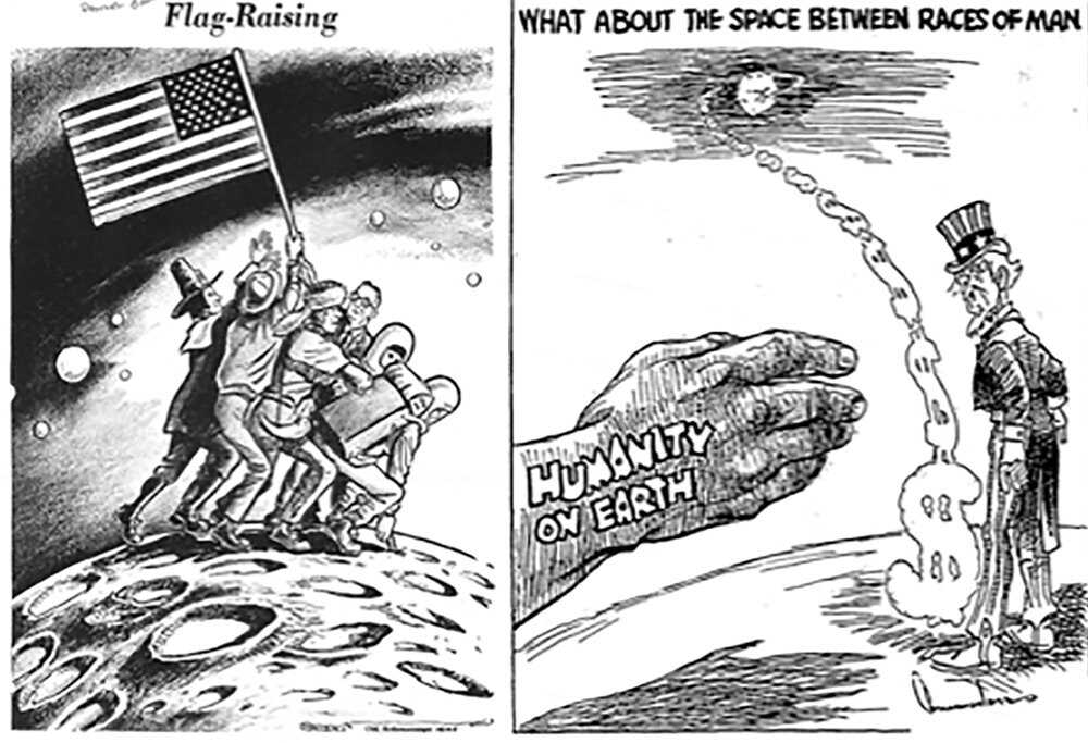 Left: Charles Brooks, “Flag-Raising,” Birmingham News, July 22, 1969. Right: Chester Commodore, “What about the Space between Races of Man,” Chicago Defender, July 12, 1969. CTM-Cartoons-Flag-&-space.jpg