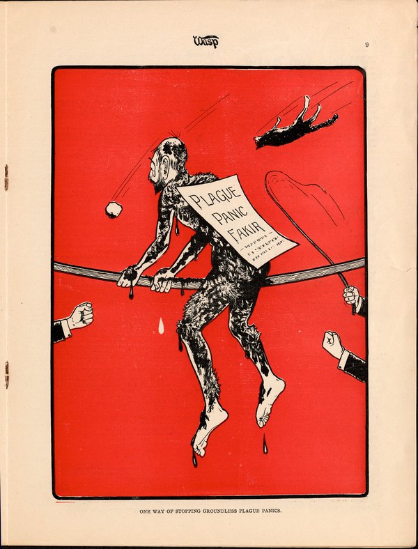 This June 6, 1900 editorial cartoon of Dr. Joseph Kinyoun in the satirical publication The San Francisco Wasp captures the city’s regard for his theories. Plague-Hunt-12471M_Wasp-JJK-Illustration-1900.06.16_SFPL.jpg