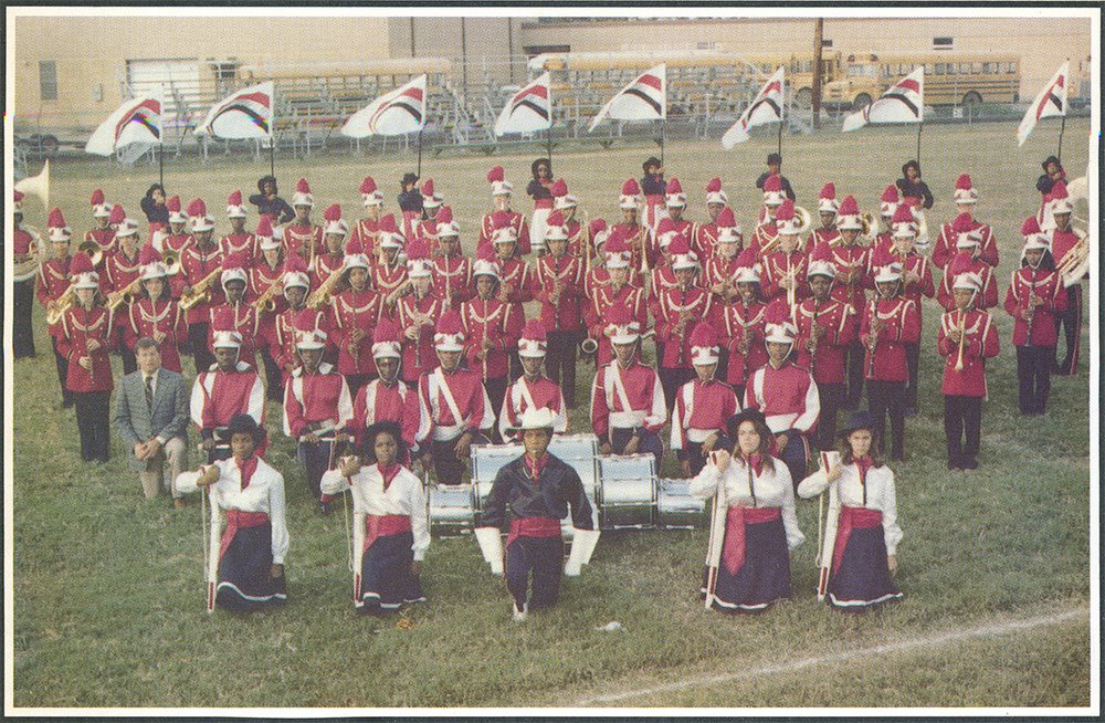 The Leland High School 1982 marching band. Image courtesy of Leland Public School District Harvest Yearbook marching band.jpg