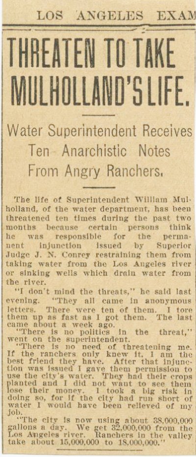 Threats to Mulholland as reported in Los Angeles Examiner, August 29, 1906 Flood-water-wars-Hearst-paper.jpg