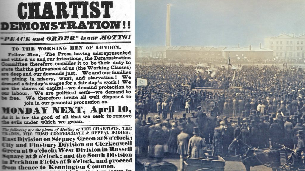 Left: A Poster advertising the Great Chartist Meeting | Right: Photograph of the Great Chartist Meeting on Kennington Common, London in 1848