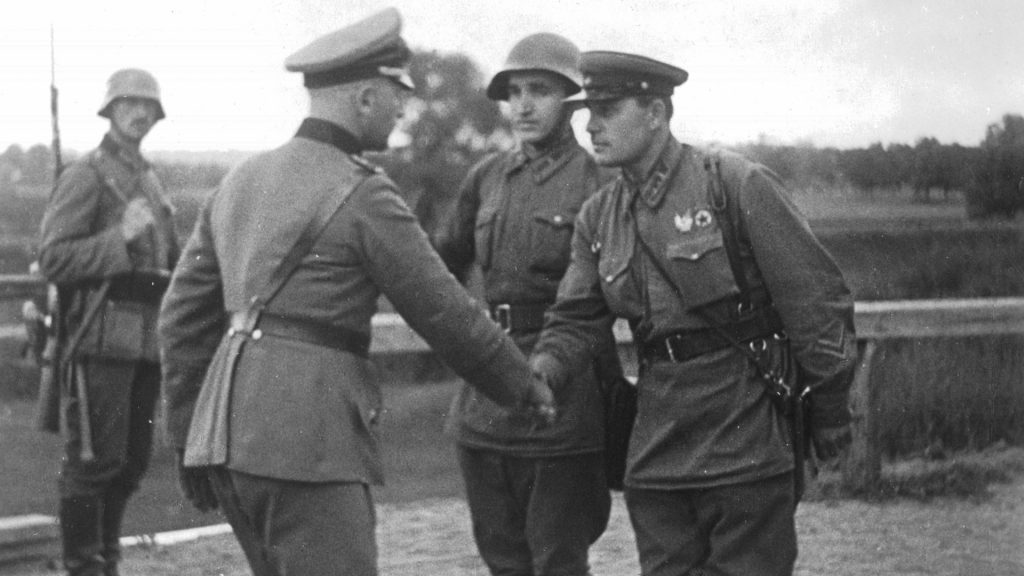 German and Russian officers welcome each other in Poland, 1939