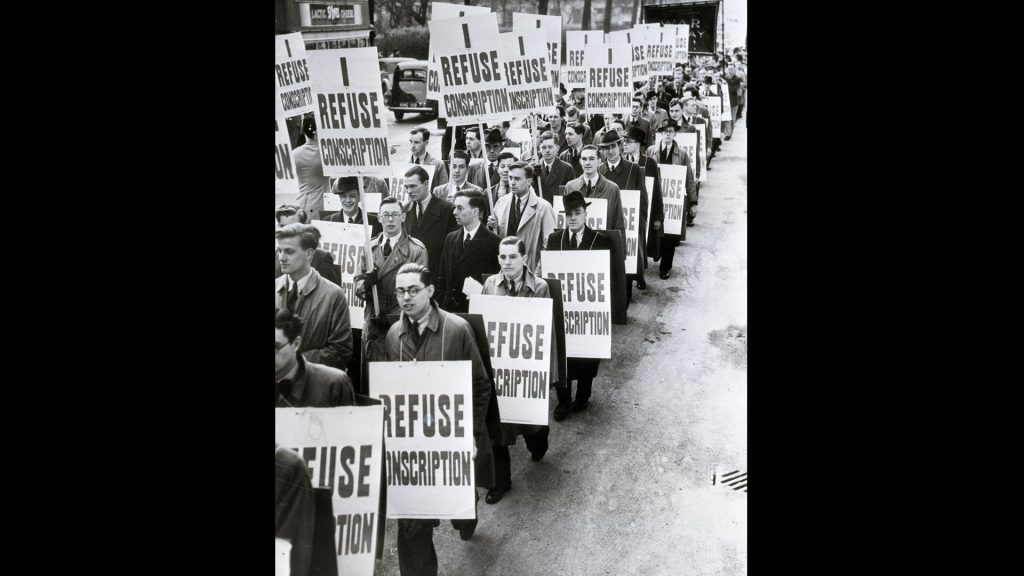 Members of Britain's No Conscription League march in London, 1939