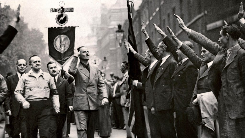 oswald Mosley and the BUF Party at a facist rally in London, 1937