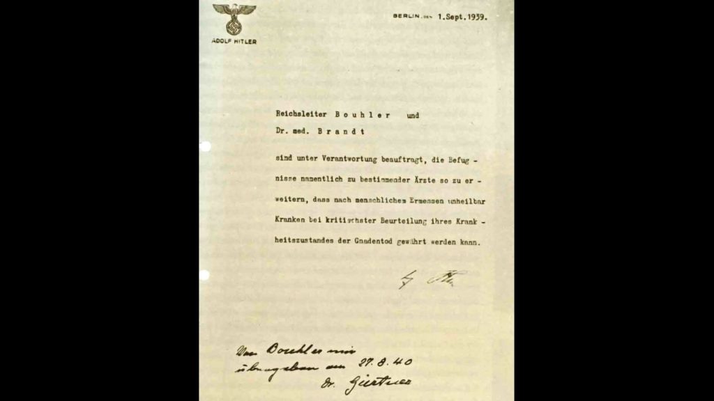 Adolf Hitler's authorization for the Euthanasia Program (Aktion T4), signed in October 1939 but dated September 1, 1939.