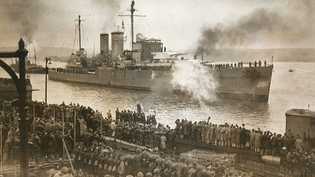 HMS Exeter returning home in February 1940 after repairs following the Battle of the River Plate (December 1939).