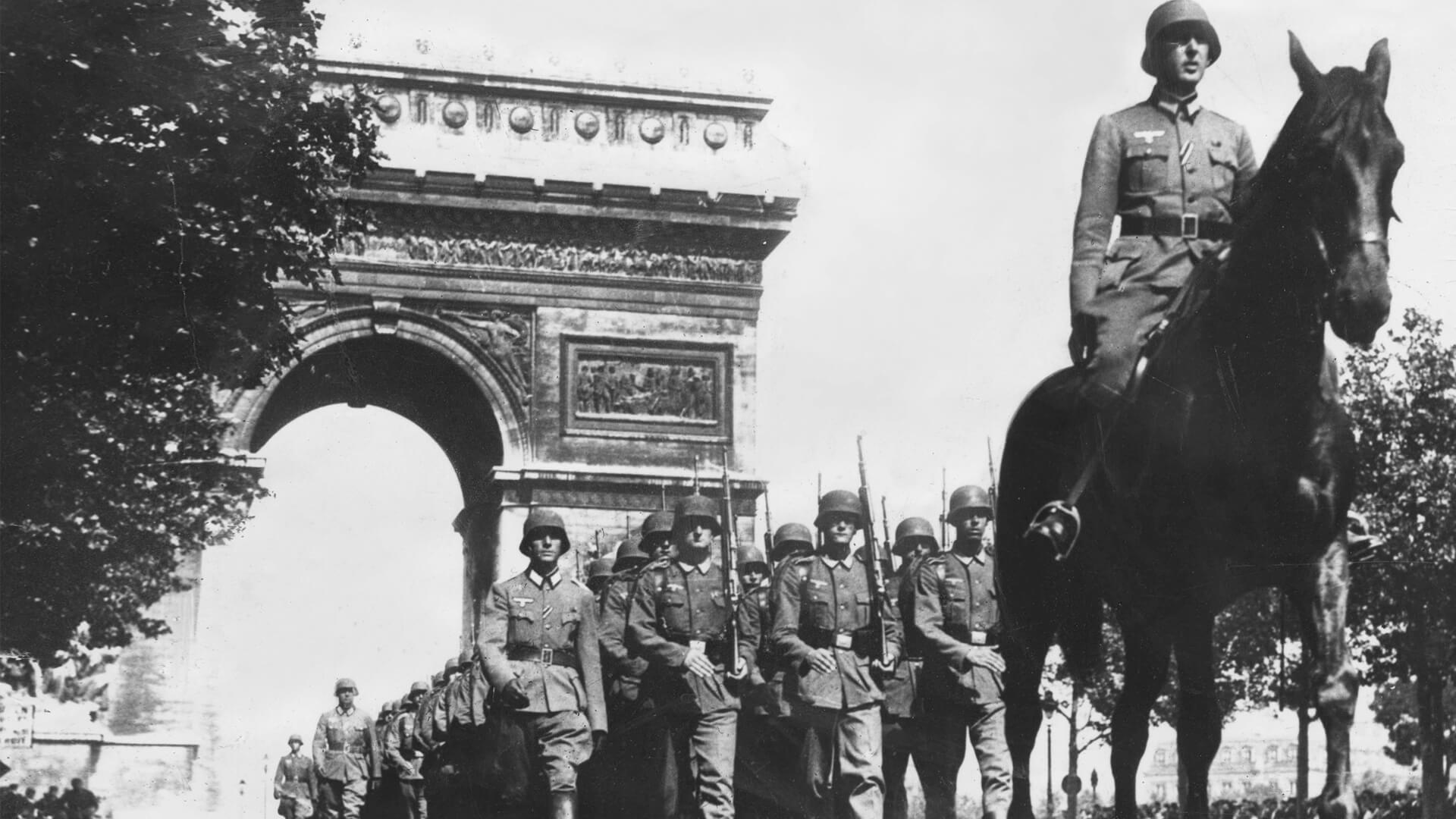 German troops march through the Champs Elysees, Paris, France