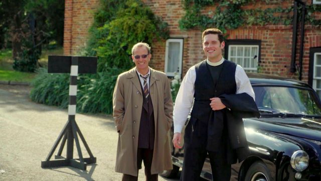 Tom Brittney and Robson Green behind the scenes of Grantchester, Season 5