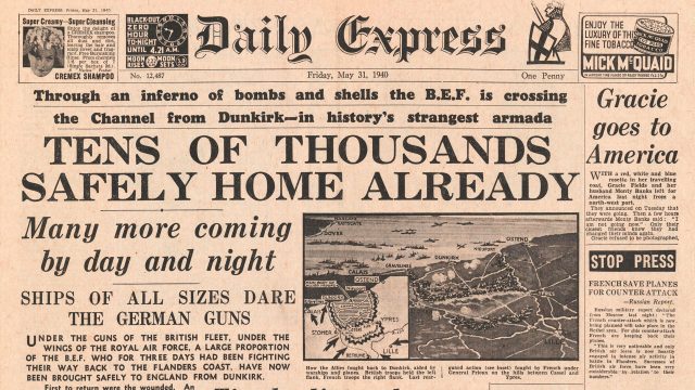 Daily Express headline about Dunkirk evacuation from May 31, 1940