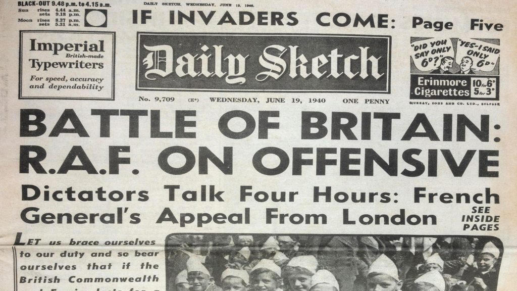 Front page of the Daily Sketch on 19th June 1940, with 