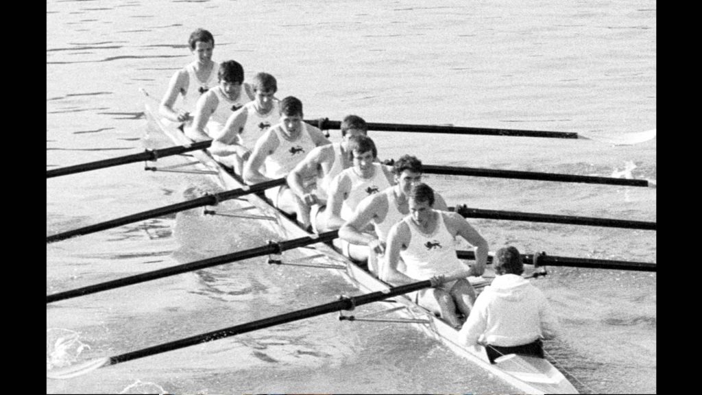 Hugh Laurie in the 1980 Boat Race rowing for Cambridge