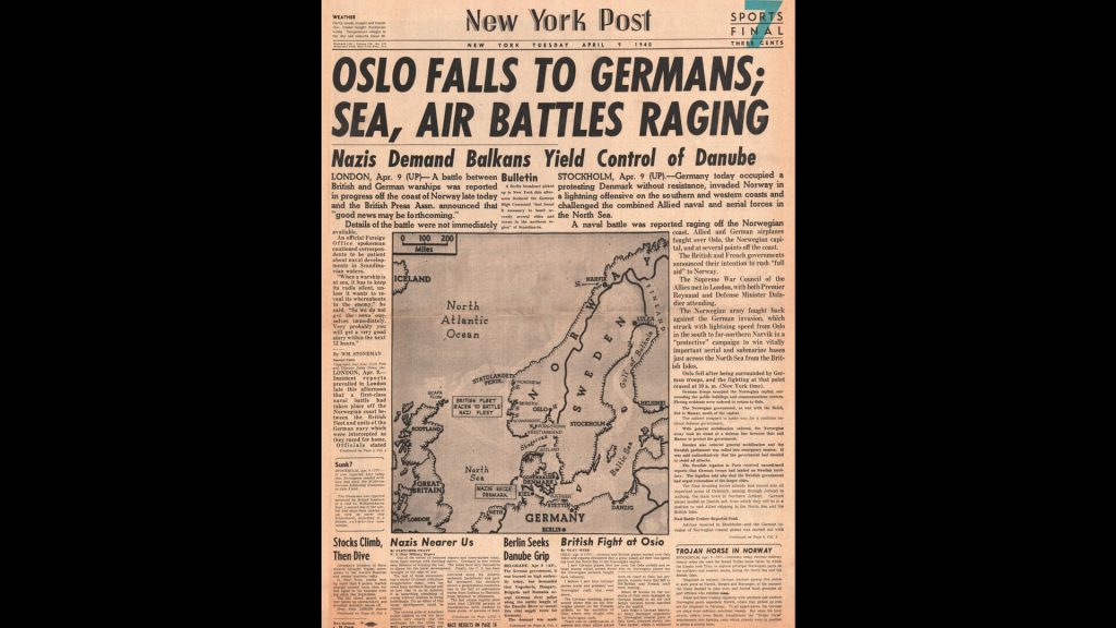 1940 New York Post front page reporting Germany invades Norway and Denmark