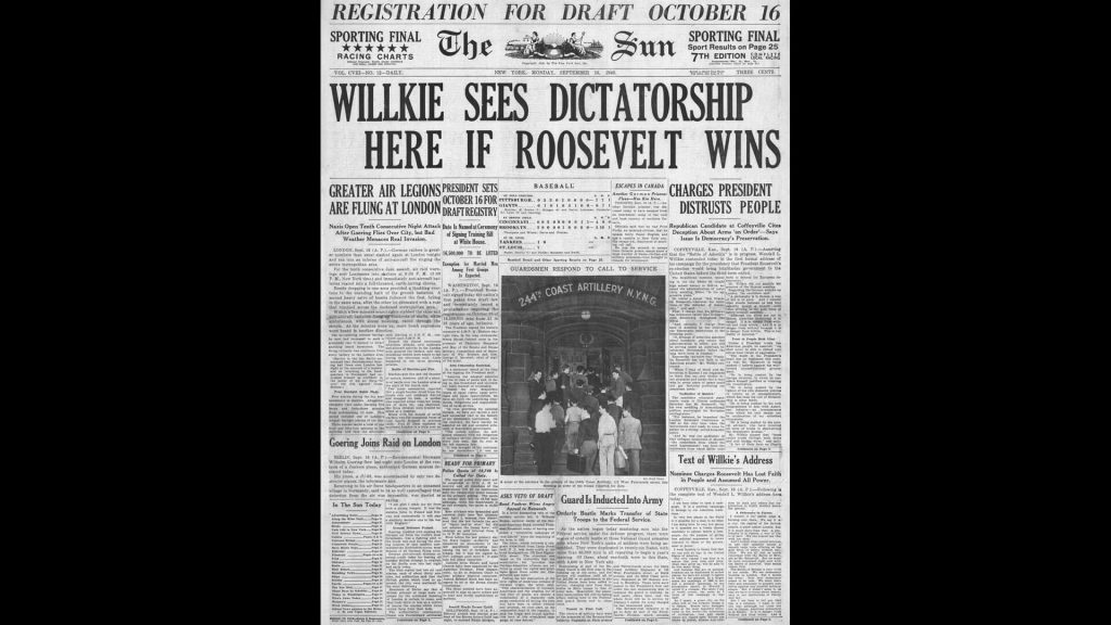 1940 front page The Sun (New York) Wendell Willkie sees dictatorship if Roosevelt wins election