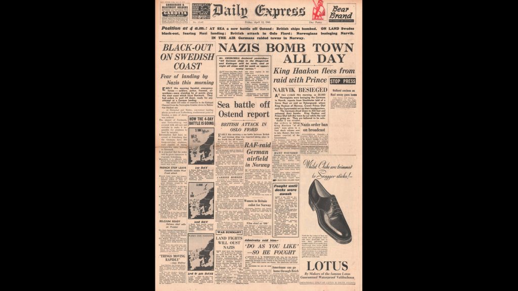 Daily Express newspaper headlines from April 12, 1940
