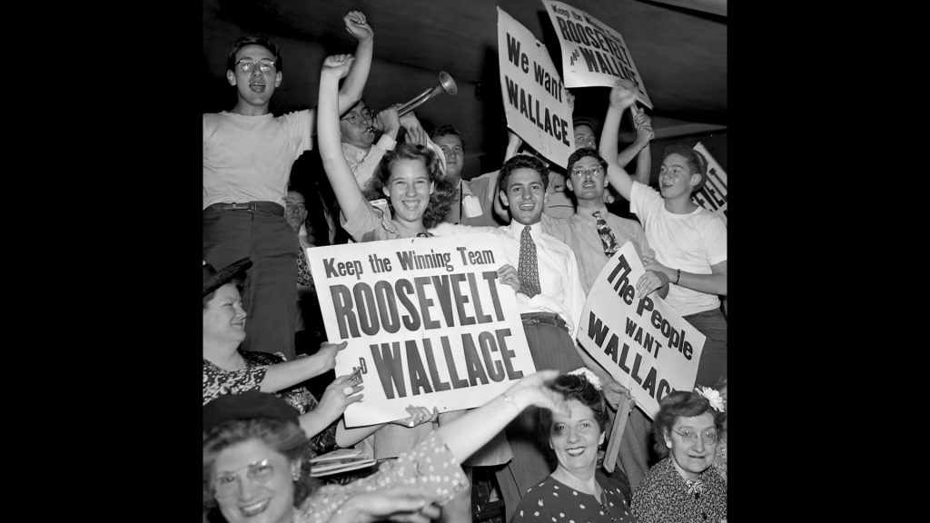 Delegates with Roosevelt/Wallace signs at the Democratic National Convention in Chicago, 1940.