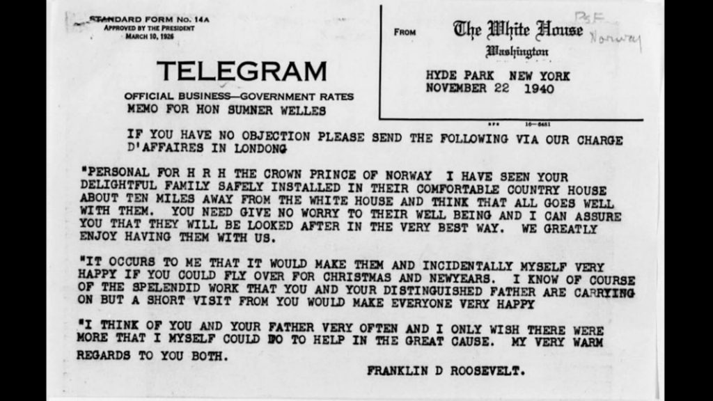 Telegram from President Franklin D. Roosevelt in Hyde Park, NY to Norway's Crown Prince Olav in London; dated November 22, 1940.