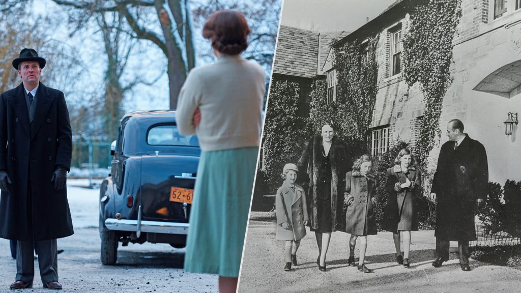 Composite image with scene from Atlantic Crossing on left (actor Tobias Santelmann as Prince Olav and actress Sophia Helin as Princess Martha) and an archival photo of Norway's royal family at their Pook's Hill home in MD during WWII.