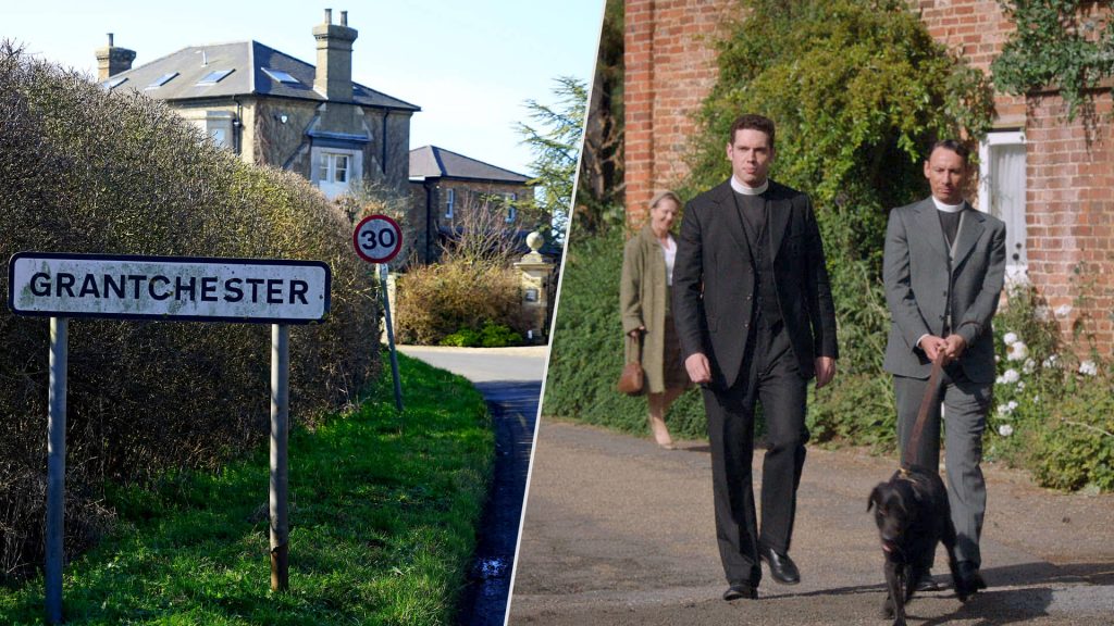 Pair of images: Village of Grantchester, England on left; actors Tom Brittney and Al Weaver in a scene from the TV series Grantchester on right