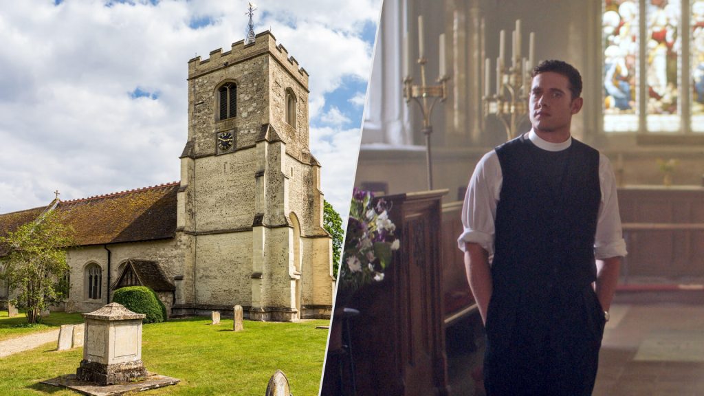 Pair of images: Church of St. Andrew and St. Mary in Grantchester, England on left; actor Tom Brittney in a scene from the TV series Grantchester on right.