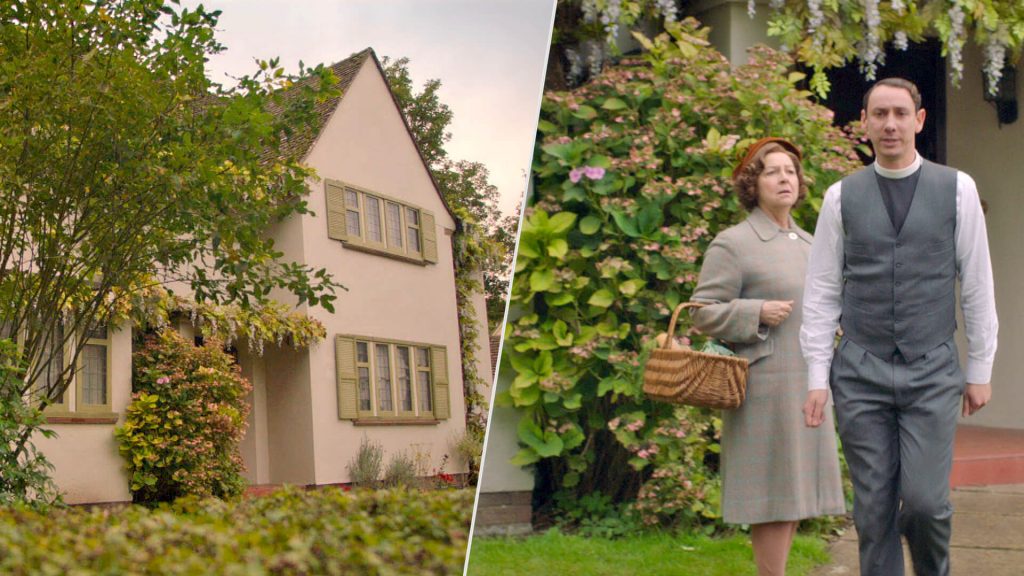 Pair of images with the Church of St. Andrew and St. Mary vicarage in Grantchester, England on left; actors Tessa Peake-Jones and Al Weaver in a scene from TV series Grantchester on right