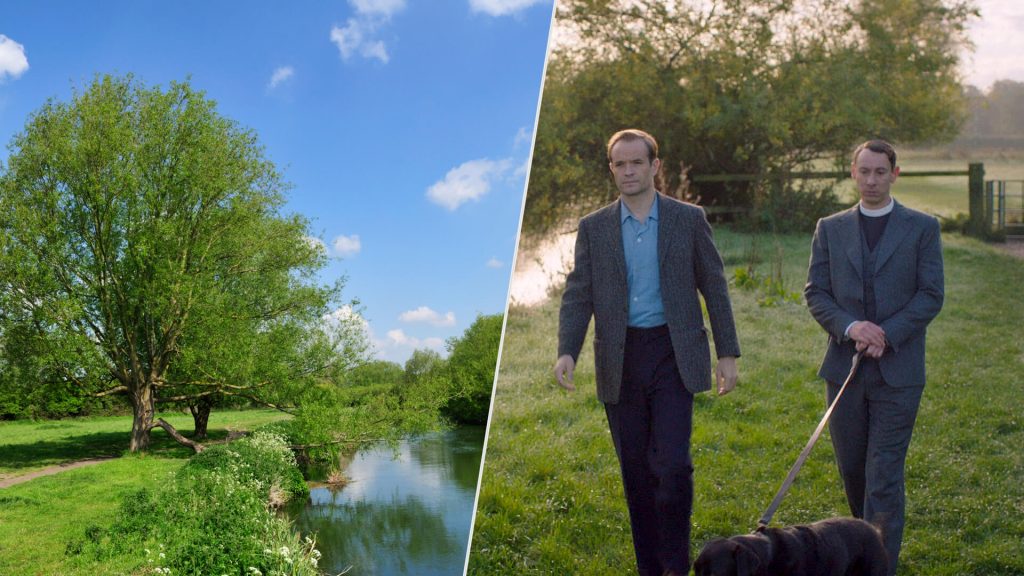 Pair of images: Grantchester Meadows and the River Cam on left; actors Oliver Dimsdale and Al Weaver in a scene from the TV series Grantchester on right.