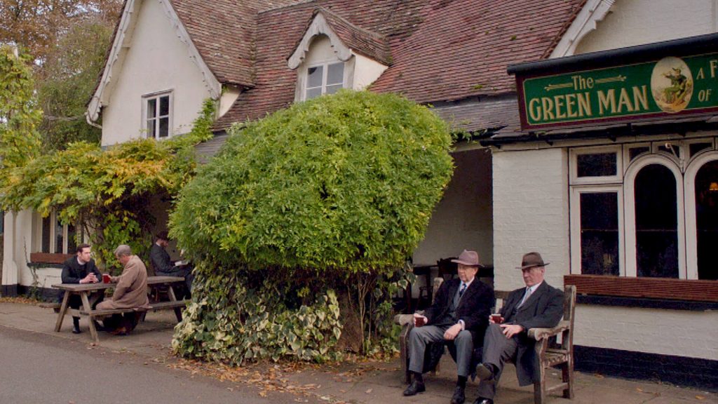 The Green Man pub in Grantchester, England in a scene from the TV series, Grantchester.