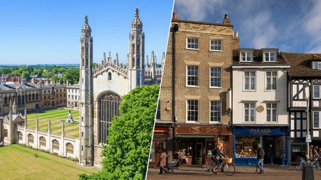 Pairing of photos: Kings College, Cambridge University on left and King's Parade, Cambridge on right.