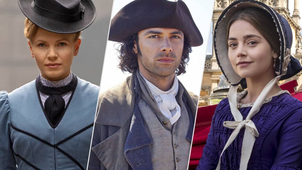 Kate Phillips as Miss Scarlet, Aidan Turner as Ross Poldark, and Jenna Coleman as Queen Victoria in three period dramas from MASTERPIECE on PBS.
