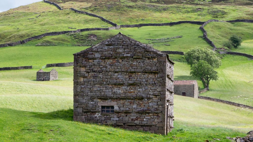 Stone field barns in Yorkshire Dales, England