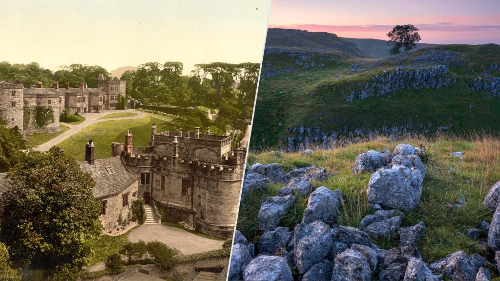 Images of Skipton Castle and Malham Cove in Yorkshire, UK.