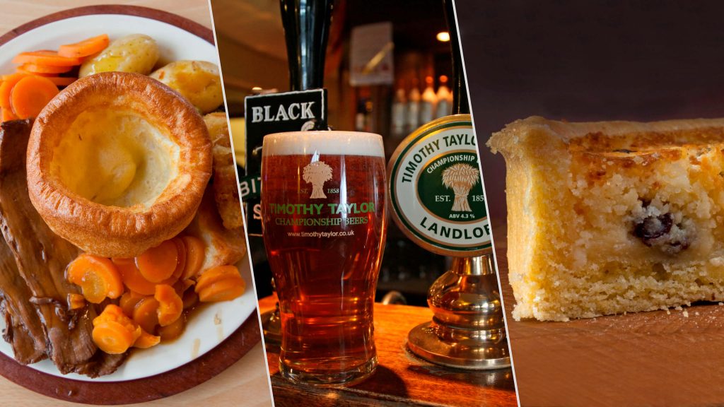 Yorkshire Dales cuisine (left to right: Sunday roast with Yorkshire pudding, ale, and Yorkshire curd trt.