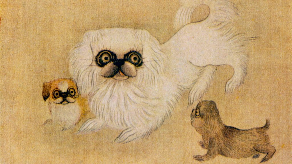 Pekingese dogs as depicted in an Imperial dog book from China.