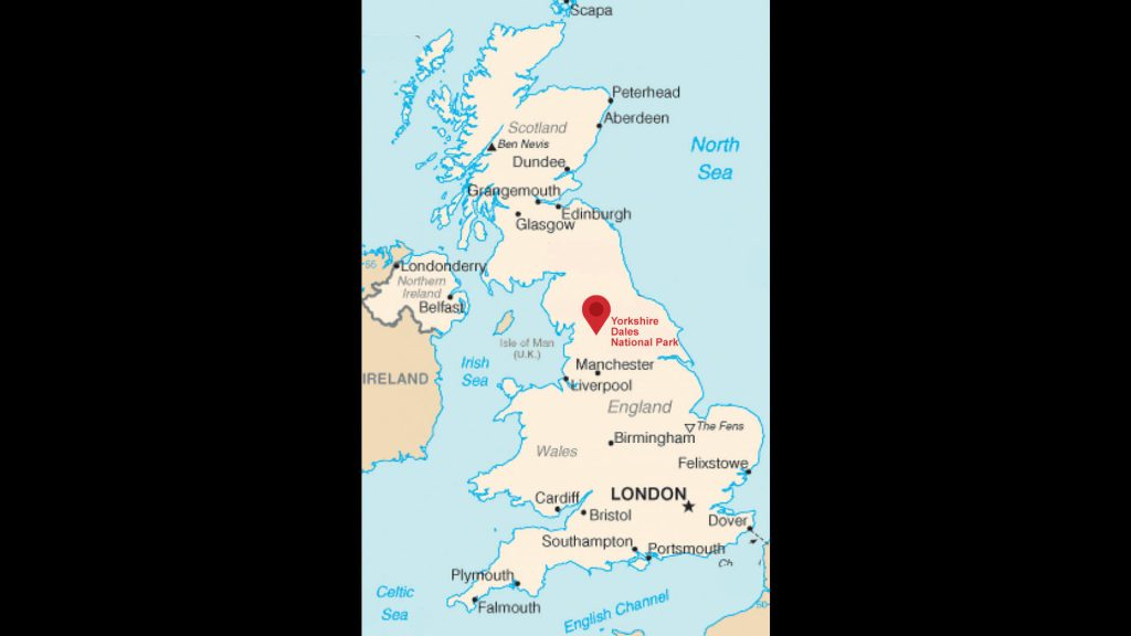 Map of UK showing location of Yorkshire Dales National Park