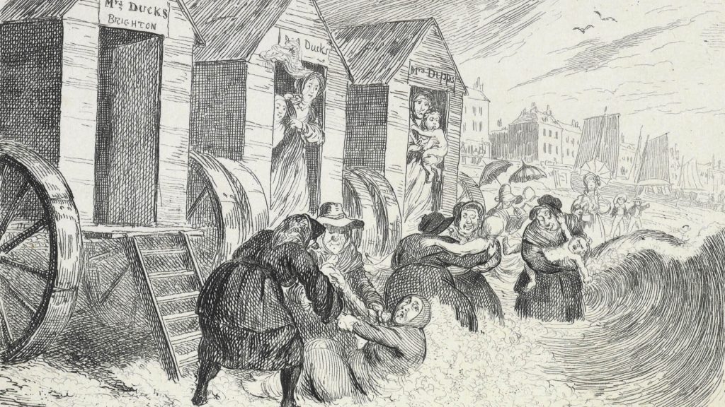 Sketch of sea-bathers in Brighton, Regency period.