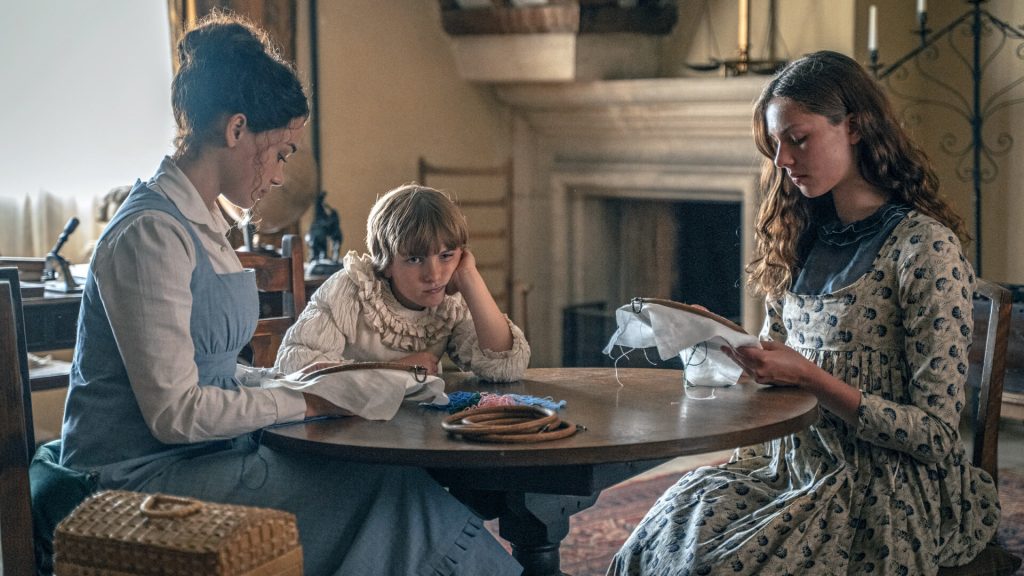 A scene of Charlotte Heywood as governess for Leonora Colbourne and Augusta Markham in Sanditon Season 2 on MASTERPIECE on PBS.