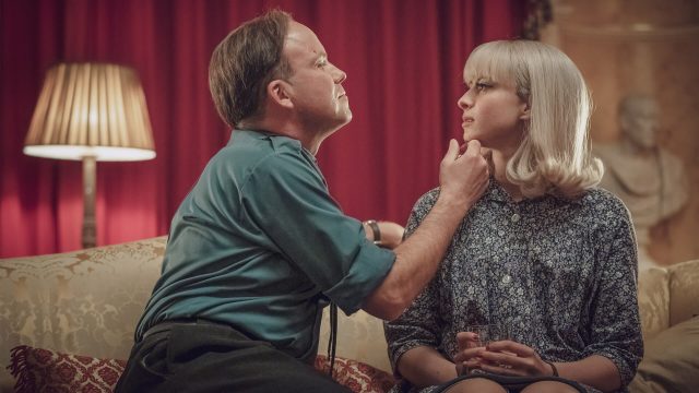 actors Rory Kinnear as Colin Jordan and Agnes O'Casey as Viven Epstein in a scene from Ridley Road on MASTERPIECE on PBS