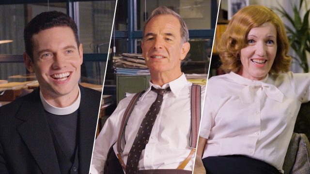 Tom Brittney, Robson Green, and Kacey Ainsworth from Grantchester