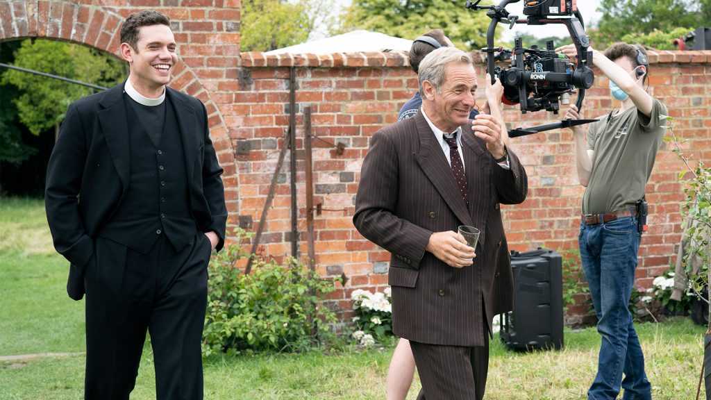 Tom Brittney and Robson Green behind the scenes of Grantchester Season 7