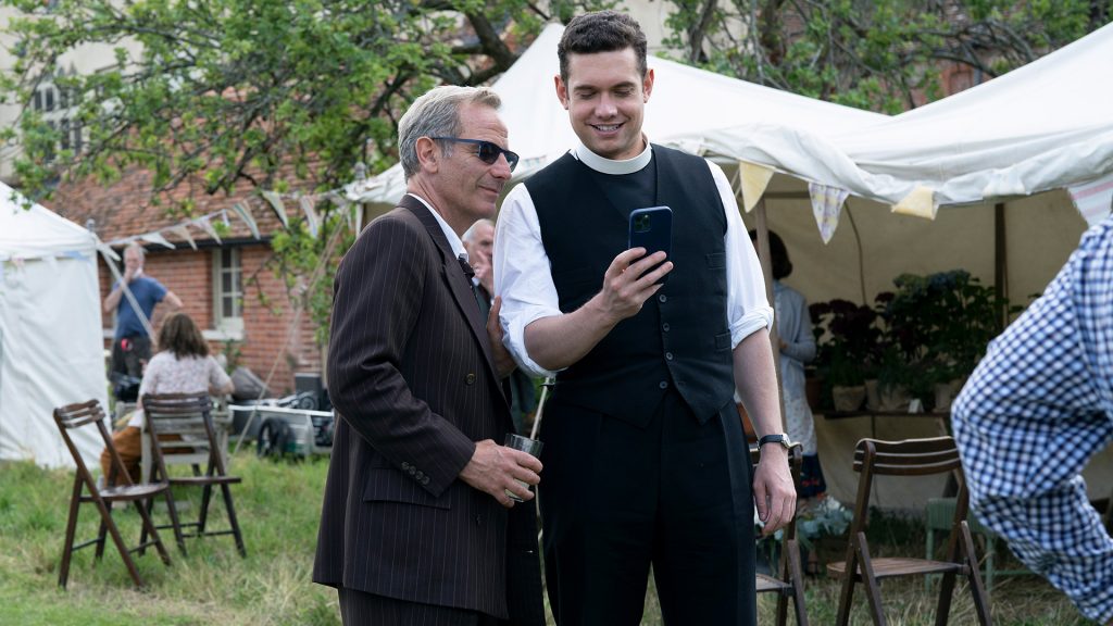 Robson Green and Tom Brittney behind the scenes of Grantchester Season 7