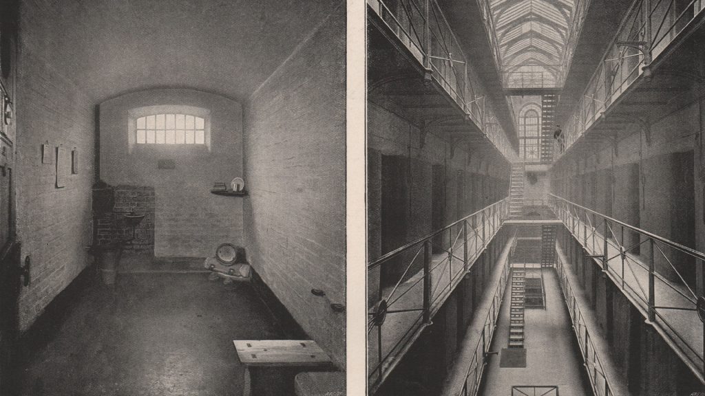 Antique photographic book plate showing a cell (left) and The Galleries (right) in New Gate Prison, London 1896.