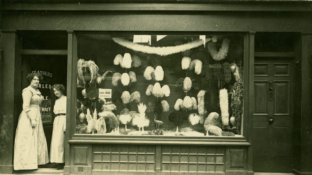 Early 1900s photo postcard of shopgirls outside the Ostrich Feather Emporium.