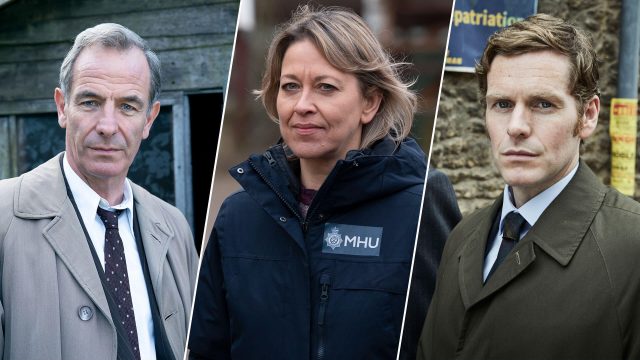 Actors Robson Greene as Detective Geordie Keating from Grantchester (left), Nicola Walker as Annika Strandhead in Annika (center), and Shaun Evans as Endeavour Morse in Endeavour, all on PBS MASTERPIECE Mystery!