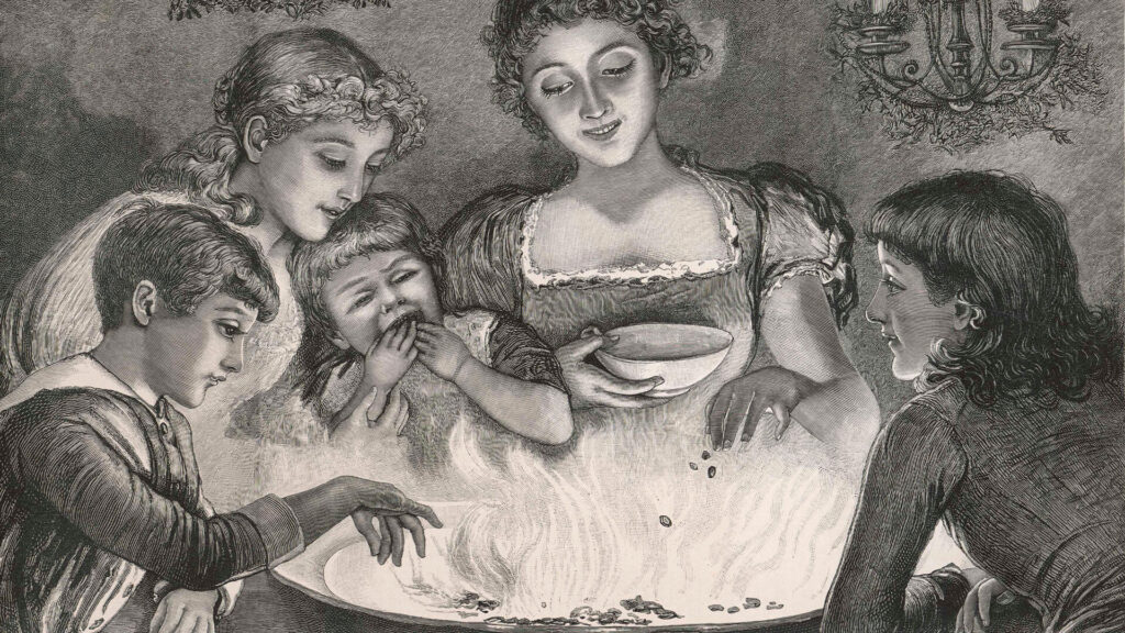 Sketch of a mother presiding over the snapdragon bowl in Regency era England.